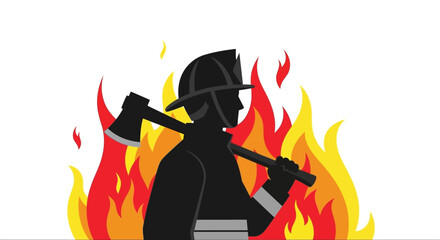 Brave firefighter silhouette stands in intense flames, axe ready for emergency rescue and fire protection activities © Avra