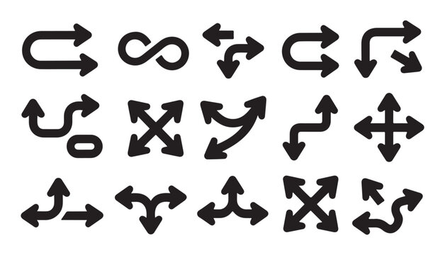 Creative directional arrows and split path symbols for strategy and decision making icons.