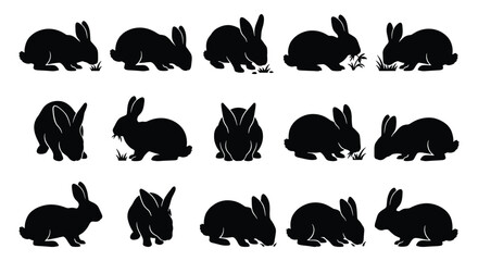 Rabbit silhouette collection with 15 bunny icons, black hare vector set in various poses, minimalist animal shapes for Easter and nature design © Zubair