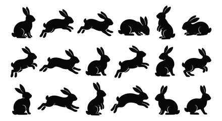 Black rabbit silhouette collection, 18 bunny vector icons in various poses, jumping and sitting hare shapes for Easter design and nature graphics © Suman