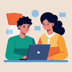 Fototapeta premium Two Freelancers Working on Laptop in Casual Workspace Vector