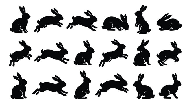 Black rabbit silhouette collection, 18 bunny vector icons in various poses, jumping and sitting hare shapes for Easter design and nature graphics