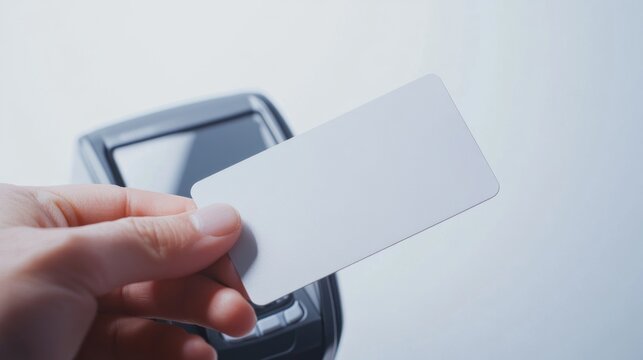 AI banking. contactless terminal. Hand holding a blank white card near a card reader with a digital display and buttons, set against a blurred background of a modern indoor environment.