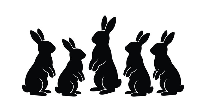 Black rabbit silhouette collection, standing bunny vector set, five cute hares in various poses, minimalist animal silhouettes for Easter design