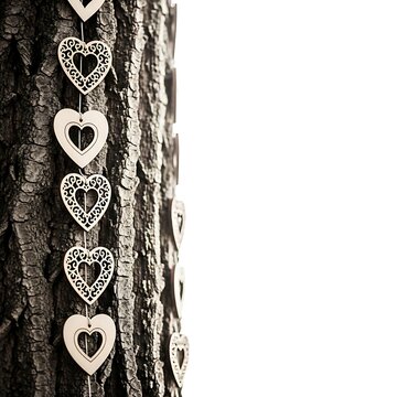A vertical string of decorative wooden hearts hanging against the textured bark of a tree, with a bright, overexposed white background on the right side