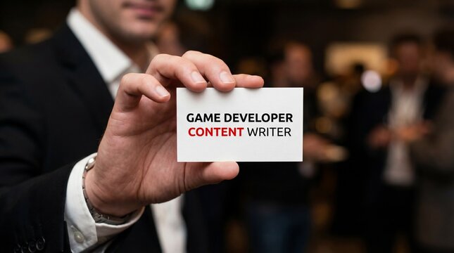 A businessman's hand holding a card with game developer content writer text