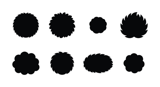 Black pompom silhouette icons set, fluffy round ball vector shapes, 8 decorative fuzzy pom-pom elements for cheerleading and craft design