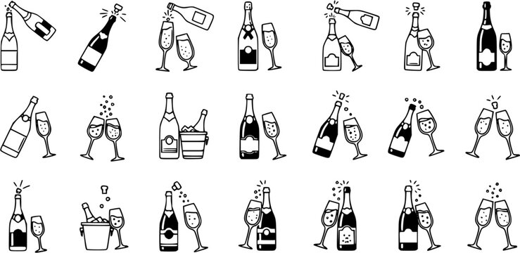 Black and White Line Art Icons of Champagne Bottles and Glasses for Celebrations