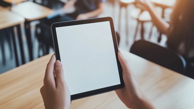 Classroom adult. Hands holding a blank tablet device in a classroom setting with empty desks and chairs, suggesting a learning environment