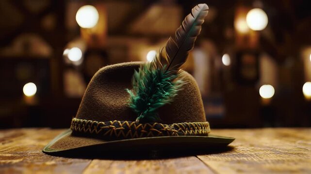 Brown cowboy hat with feather.