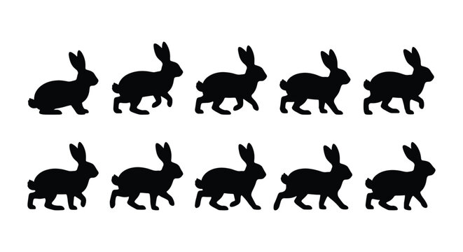 Black rabbit silhouette animation frames, set of 10 hopping bunny sprites, minimalist wild hare movement sequence for motion graphics