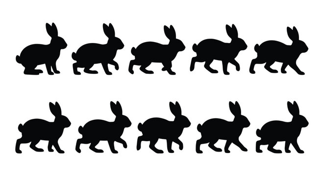 Rabbit silhouette animation frames, black bunny hopping sequence vector, set of 10 jumping hare sprites for motion graphics and game design