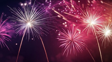 Fototapeta premium USA patriotic background. Colorful fireworks display lighting up the night sky with various shapes and vibrant colors, creating a festive atmosphere during a celebration or holiday event
