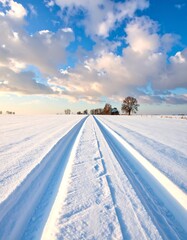 Obraz premium Winter landscape showcasing snow-covered fields with tracks leading to trees and a structure beneath a vibrant, cloudy sky