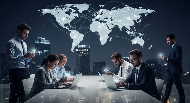 Global Business Team Collaboration with World Map Network Connection