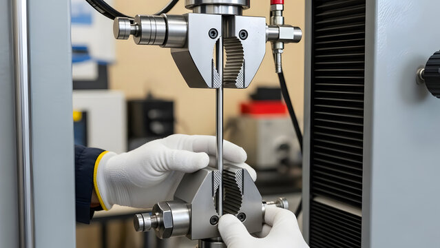 A laboratory technician performs a tensile strength test on a metal sample using a universal testing machine.
