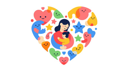 Fototapeta premium Heartwarming illustration of a loving mother embracing her child, surrounded by joyful, colorful characters, symbolizing family bond, care, and unity within a heart shape