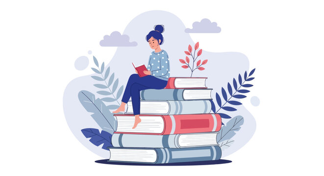 World Book Day Concept Featuring a Woman Reading on Giant Books Isolated on White