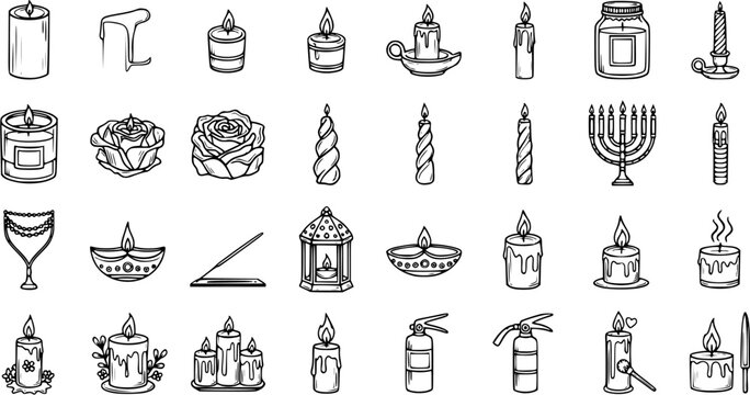 Black and White Line Art Icons of Candles, Flowers, and Fire Extinguishers