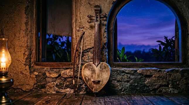 Rebab Javanese bowed string instrument at twilight window &mdash; cool blue exterior vs warm amber candlelight. Heritage music. No logo.