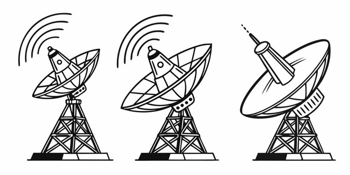 Communications and radar antenna array icons in isometric style with communication technology broadcast electronic wireless telecommunication satellite connection transmission tracking