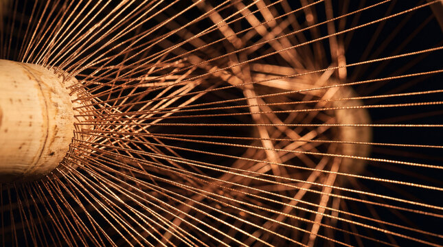 Sasando strings in extreme macro &mdash; radial copper string network with bamboo core in warm sidelight. Rote Island art. No logo.