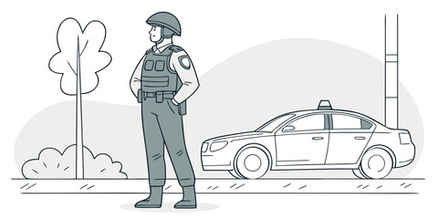 Police officer in tactical gear standing next to patrol car with tactical authority enforcement security policing character illustration minimalist standing personnel equipment © Rabbi