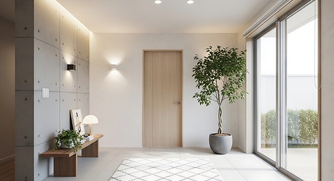 Modern minimalist hallway interior with a wooden door, a concrete wall, a wooden bench with a plant and lamp, and a large potted tree next to a glass sliding door leading to a patio