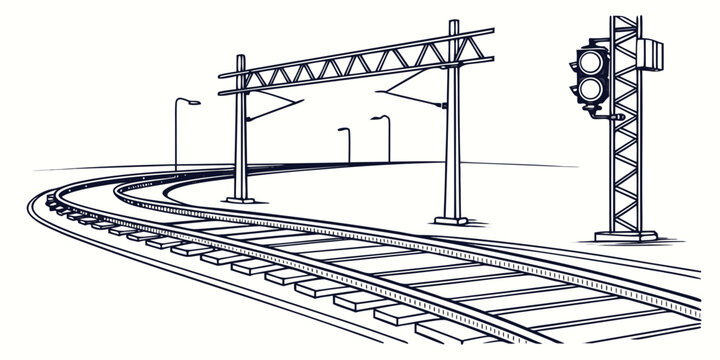 Black and white vector illustration of curved railroad tracks with overhead power lines and signal light railroad infrastructure transportation monochrome electric catenary transport