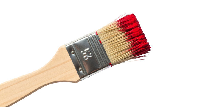 Professional paintbrush with red paint on bristles, wooden handle painting tool, 2.5 inch flat brush for home renovation and DIY art projects isolated on Transparent Background