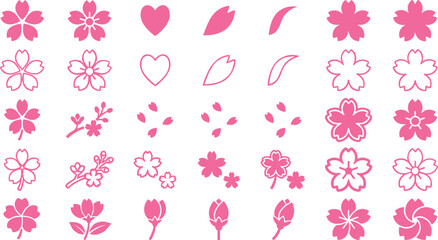 Set of pink cherry blossom icons featuring sakura flowers petals branches hearts and buds in solid and outline minimalist vector styles for spring design. © Mukta