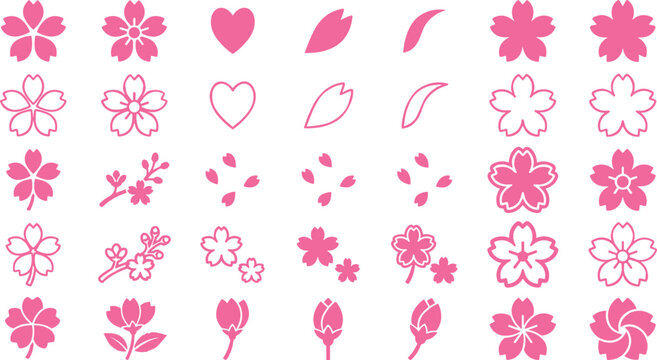 Set of pink cherry blossom icons featuring sakura flowers petals branches hearts and buds in solid and outline minimalist vector styles for spring design.
