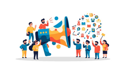 Fototapeta premium Diverse group of people actively engaging in dynamic communication and marketing, utilizing a large megaphone to broadcast messages and share innovative ideas effectively