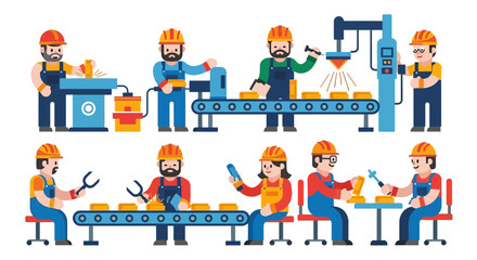 Fototapeta premium Illustration of workers and machines in a factory setting, highlighting industrial production and manufacturing processes