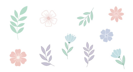 Fototapeta premium A charming collection of delicate pastel floral and leaf illustrations on a clean white background, perfect for various design projects