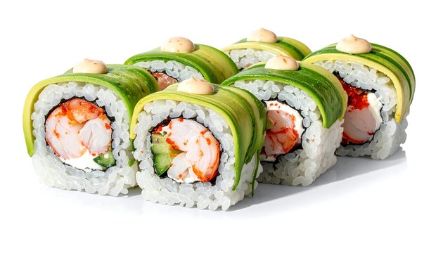 A sushi roll with avocado and shrimp on a white background