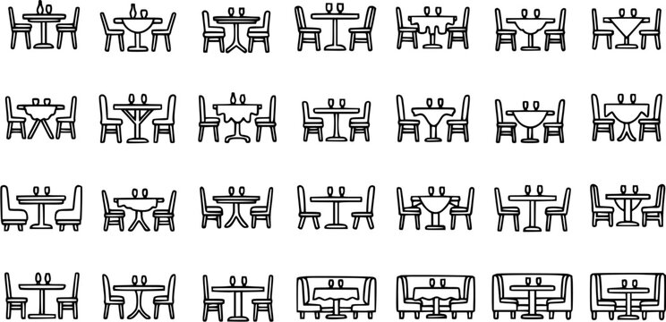 Restaurant Tables and Chairs Line Art Icons Set: Diverse Dining Arrangements for Food, Hospitality, Cafe  Bistro Layouts