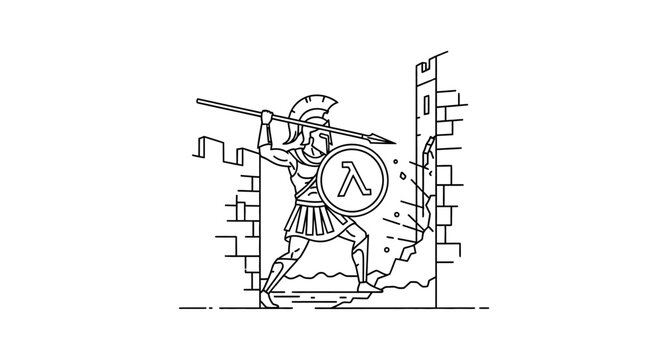Ancient Greek Warrior with Lambda Shield Attacks Fortress