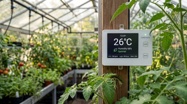 Digital temperature display showing 26 degrees celsius in a lush greenhouse with plants and tomatoes growing