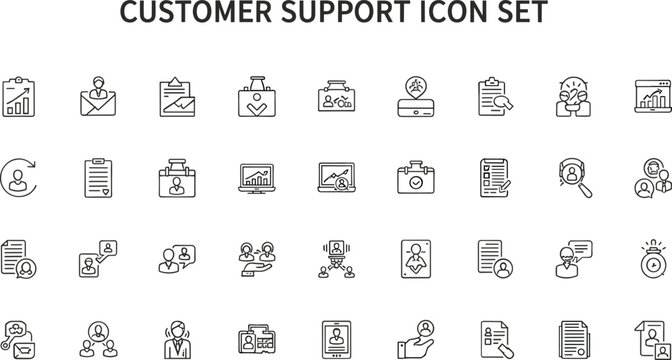 Customer support outline icon set with helpdesk communication service contact center assistance business workflow interface vector collection