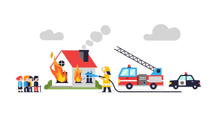 Naklejka premium Firefighters battling a house fire with a ladder truck and police car, civilians watch safely