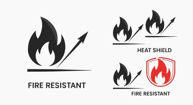 Fire Resistant and Heat Protection Icon Set, Flame Deflection Symbol for Safety and Thermal Insulation, Vector Illustration