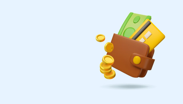 Payment concept. Vector 3d wallet with money banner. Cute financial illustration with copy space. Golden coins, bills and credit card in purse