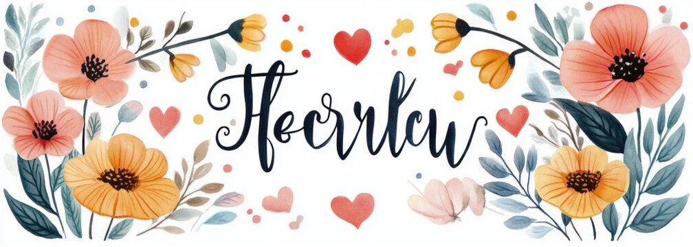 Whimsical watercolor floral border with peach and yellow poppy blossoms, blue-green leaves, scattered heart shapes and a dark blue hand-lettered calligraphy word at center, cheerful romantic mood