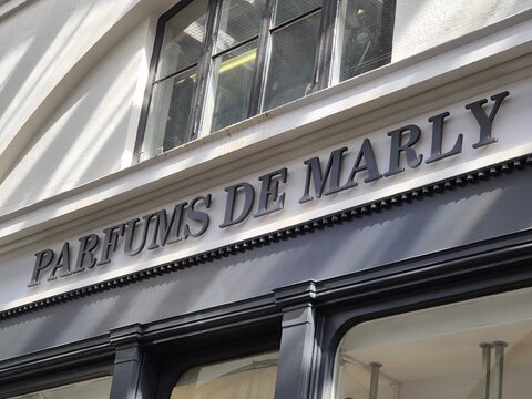 London UK 04.07.2025 Parfums De Marly luxury fragrance brand storefront sign on elegant facade with refined serif lettering highlighting premium perfume retail identity in stylish shopping district