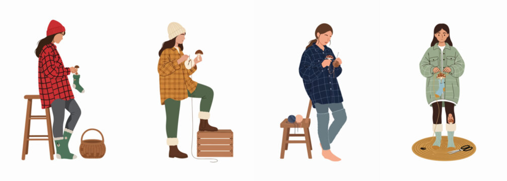 Set of illustrations featuring women in cozy attire knitting and darning socks with wooden mushrooms, reflecting slow living and handicraft hobbies.