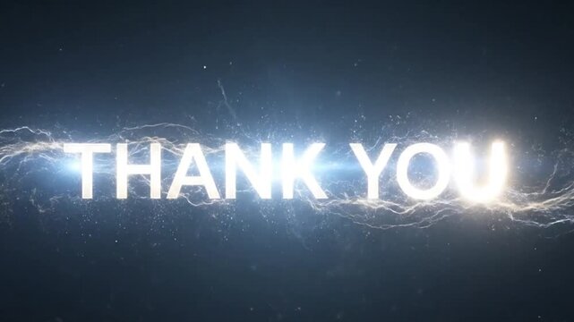Stylized "Thank You" text glowing with blue electric energy and neon lightning effects on a dark digital background.