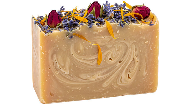 Rustic handmade artisanal soap natural skincare with dried flowers rose lavender isolated on white background.