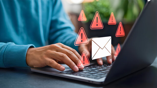 Cybersecurity warning computer user receives suspicious email notification on laptop screen with alert symbols