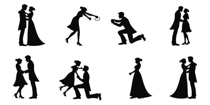 Collection of wedding silhouette icons showing romantic moments between a bride and groom including marriage proposals and embraces with marriage silhouette proposal engagement ceremony